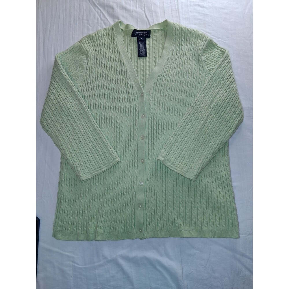 Jones NY Sweater Woman XL Green Button V Neck Rib Knit Tunic Stretch Casual Work